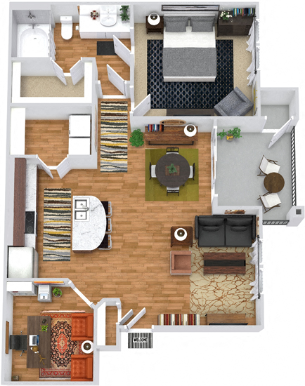 Floor plan for 1 bed, 1 bath, 899 sqft